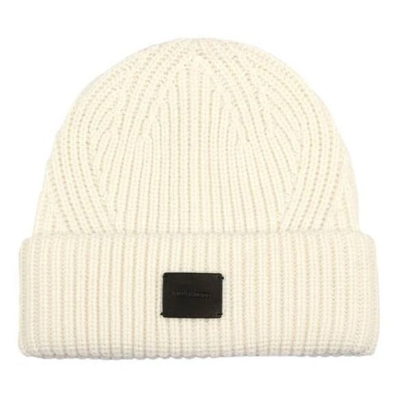 NWT ALL SAINTS‎ WOOL Blend Travelling Rib Beanie Cuff Patch Farren Hat Chalk - Picture 1 of 12
